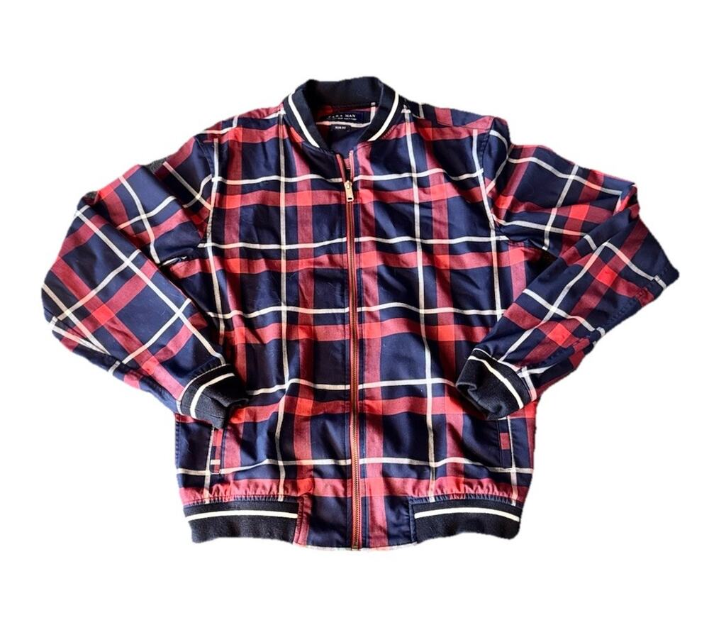 Zara mens Zip Front Slim Fit Plaid Full Zip Light Jacket~Size S fall,winter